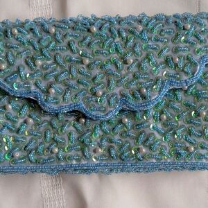 New Elegant  Blue Satin Sequin And Beaded Crossbody Bag